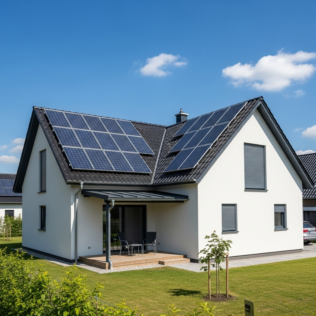 Maison moderne avec panneaux solaires sur le toit